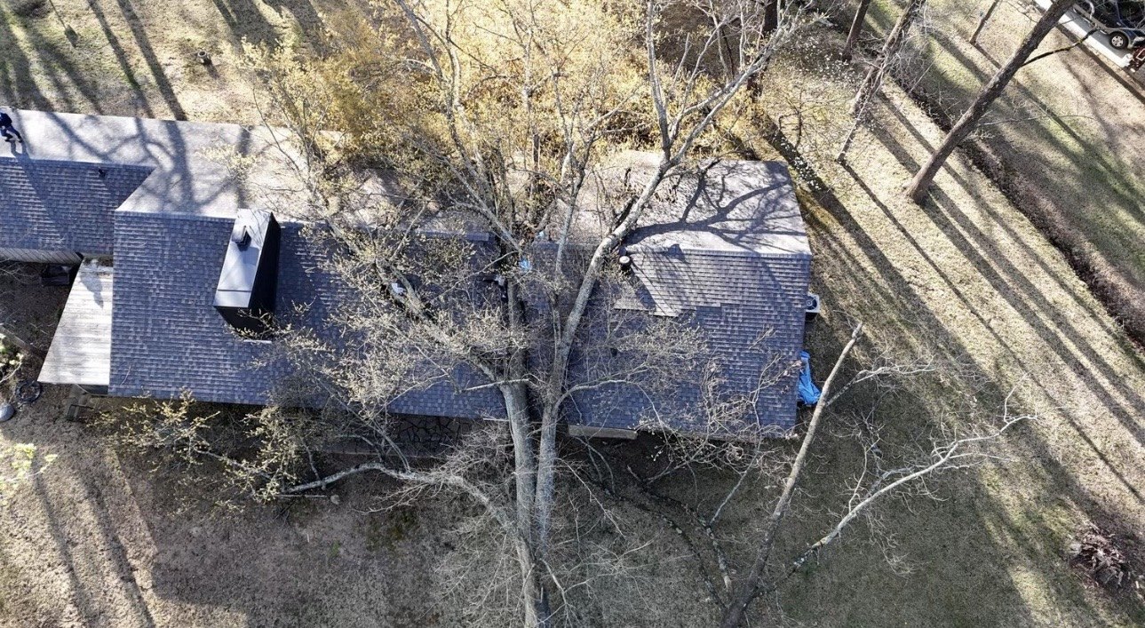 Aerial view of a large tree lying across a house roof